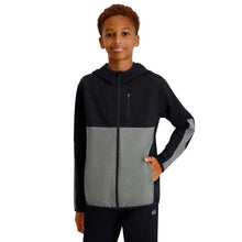 Youth full-zip hoodie, black with gray front panels, hood and long sleeves