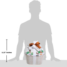 Sugar-free chocolate gift basket with orange ribbon, shown with size measurement guide