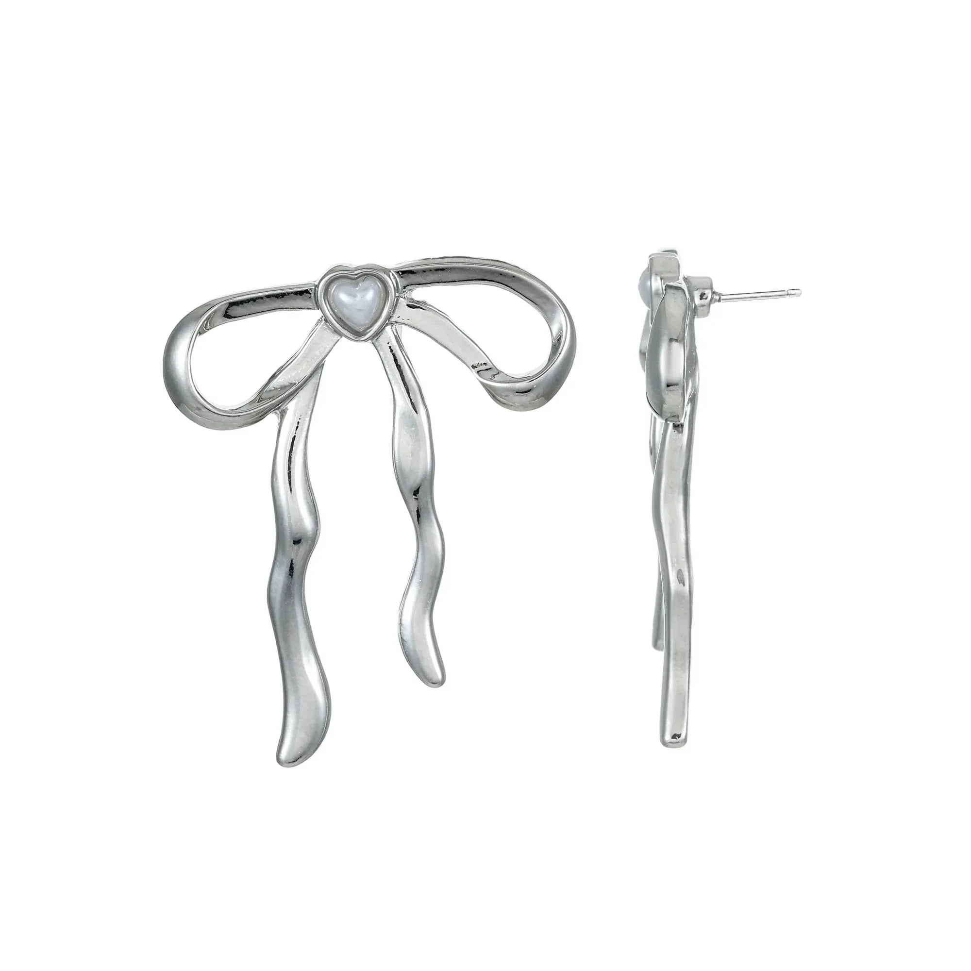 Way to Celebrate Valentine's Day Silver Bow Earrings, 1 Pair