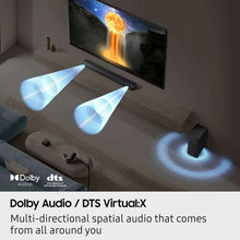 Black soundbar with three angled light beams projecting around the room