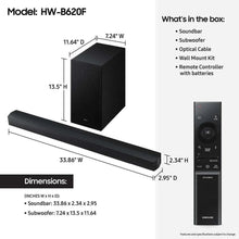 Black soundbar and subwoofer with product dimensions diagram