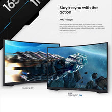 Curved gaming monitor with black stand, showing a space game scene on the screen.