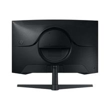 Curved gaming monitor front with circular stand mount and cable ports, dark finish