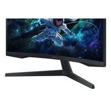 Black curved gaming monitor with wide stand, side view showing a space game screen.