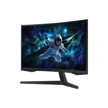 Curved gaming monitor angled front view with astronaut game display