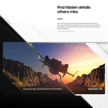 Curved gaming monitor showing two gameplay images with a drone scene on the screen.