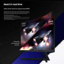 Curved gaming monitor with black stand, showing spaceship gameplay and refresh-rate graphics.