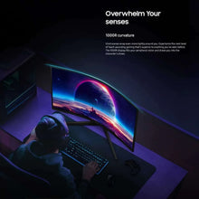 Curved gaming monitor displaying a vivid space video across the screen