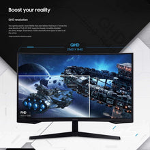 Curved gaming monitor showing QHD resolution view and FHD comparison on the display.