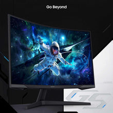 Curved gaming monitor with black stand, displaying an astronaut space scene on the screen.