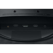 Monitor rear panel close-up with HDMI/DP/Service ports and DC power socket on black casing.