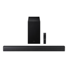 Samsung black soundbar with small black remote control
