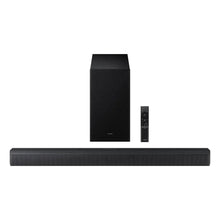 Black 3.1 soundbar with included remote and upright subwoofer