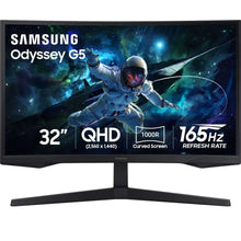 Samsung Odyssey G5 curved gaming monitor, black stand, front view with astronaut artwork.