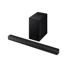 Black soundbar bar with black cube subwoofer, shown from an angle