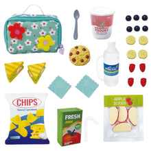 School lunch playset set with lunch bag, food pieces, yogurt cup, coins, and slices