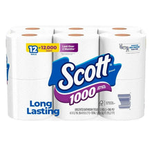 Scott Long 1000 toilet paper 12-roll pack, front view of rolls and labels