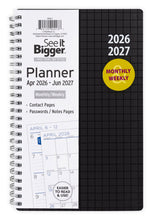 Black spiral-bound planner cover for Apr 2026–Jun 2027, monthly/weekly layout