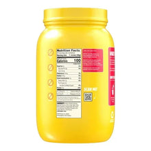 Back label of clear protein powder container with nutrition panel and ingredients list