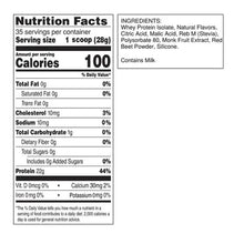 Nutrition Facts panel for clear whey protein powder, 35 servings, 100 calories per scoop