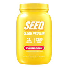 Clear protein powder container with SEEQ logo, Strawberry Lemonade flavor, 22g protein
