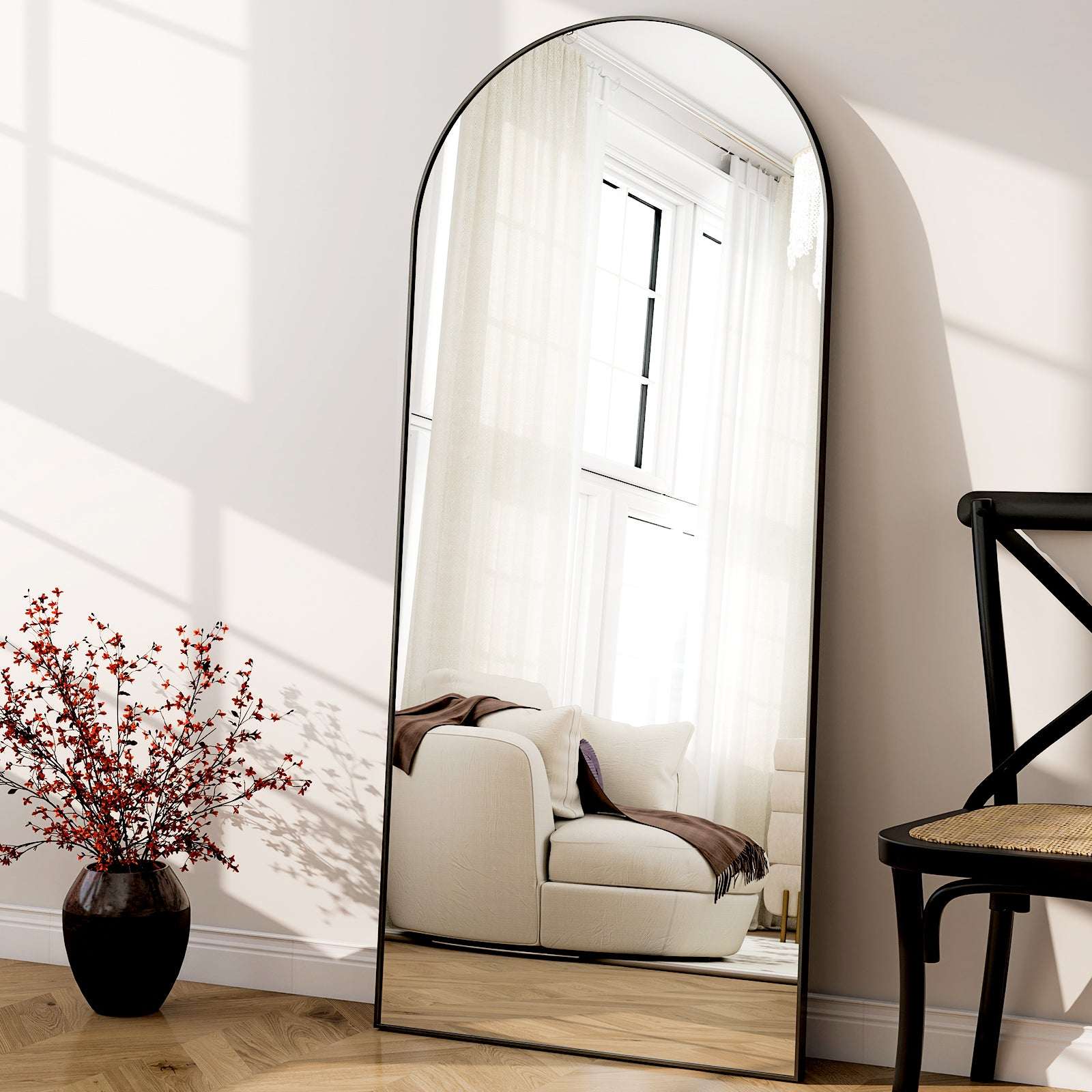 SEETHRUGLIMMER 64"x21.2" Arched Full Length Mirror Wall-Mounted Floor Mirror with Stand, Black
