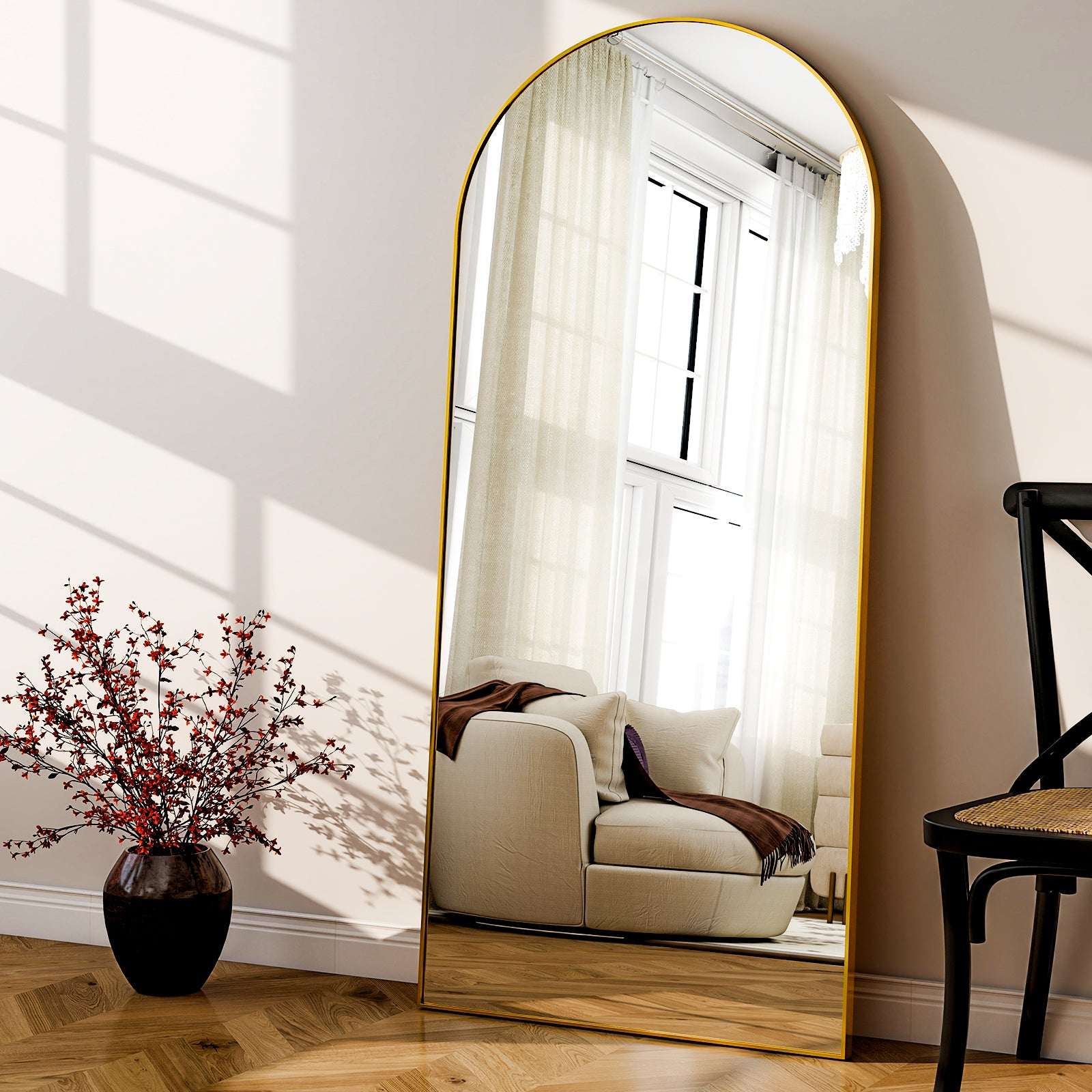 SEETHRUGLIMMER 64"x21.2" Arched Full Length Mirror Wall-Mounted Floor Mirror with Stand, Black