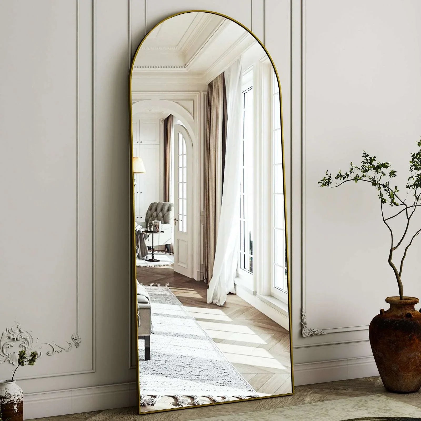 SEETHRUGLIMMER 64"x21.2" Arched Full Length Mirror Wall-Mounted Floor Mirror with Stand, Black