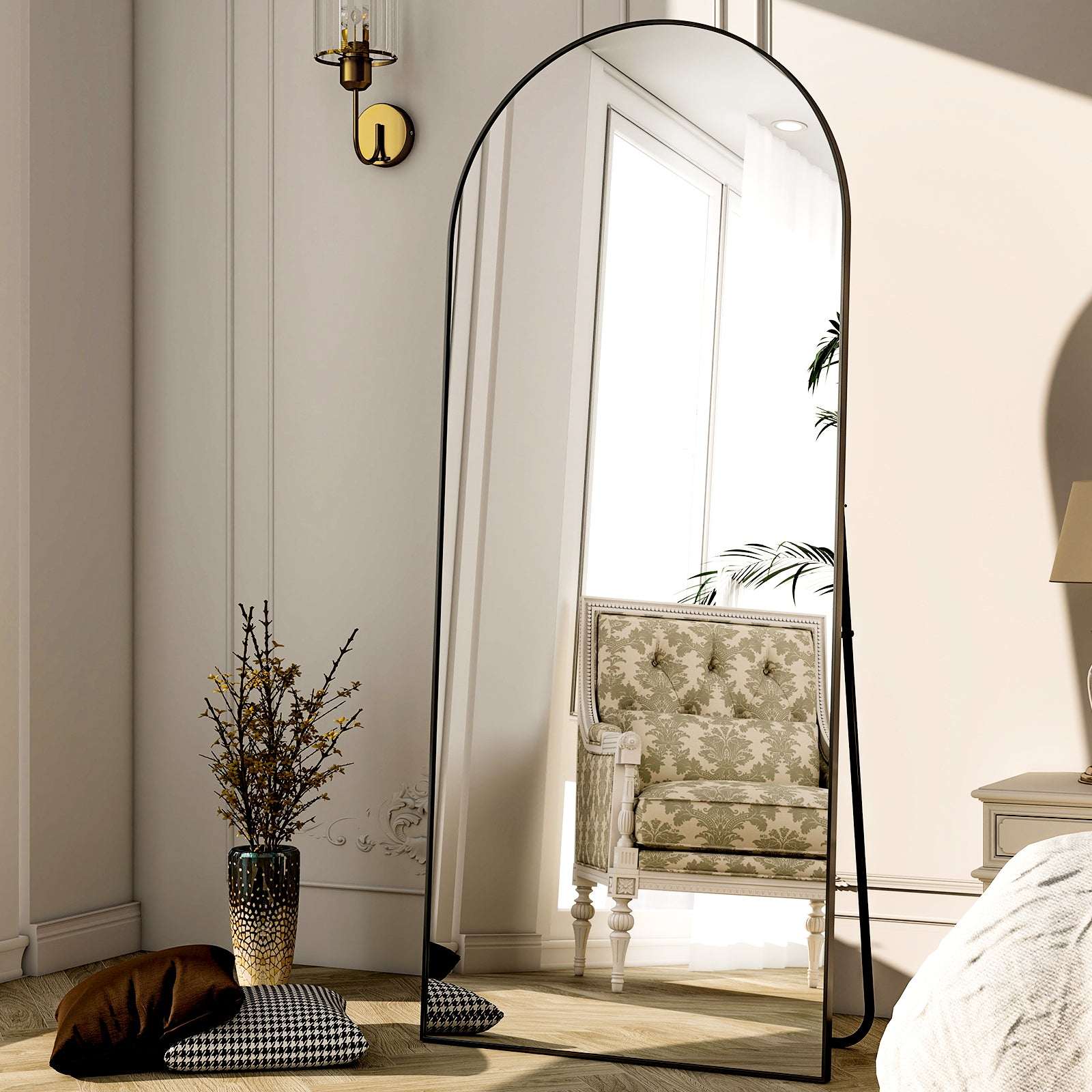 SEETHRUGLIMMER 64"x21.2" Arched Full Length Mirror Wall-Mounted Floor Mirror with Stand, Black
