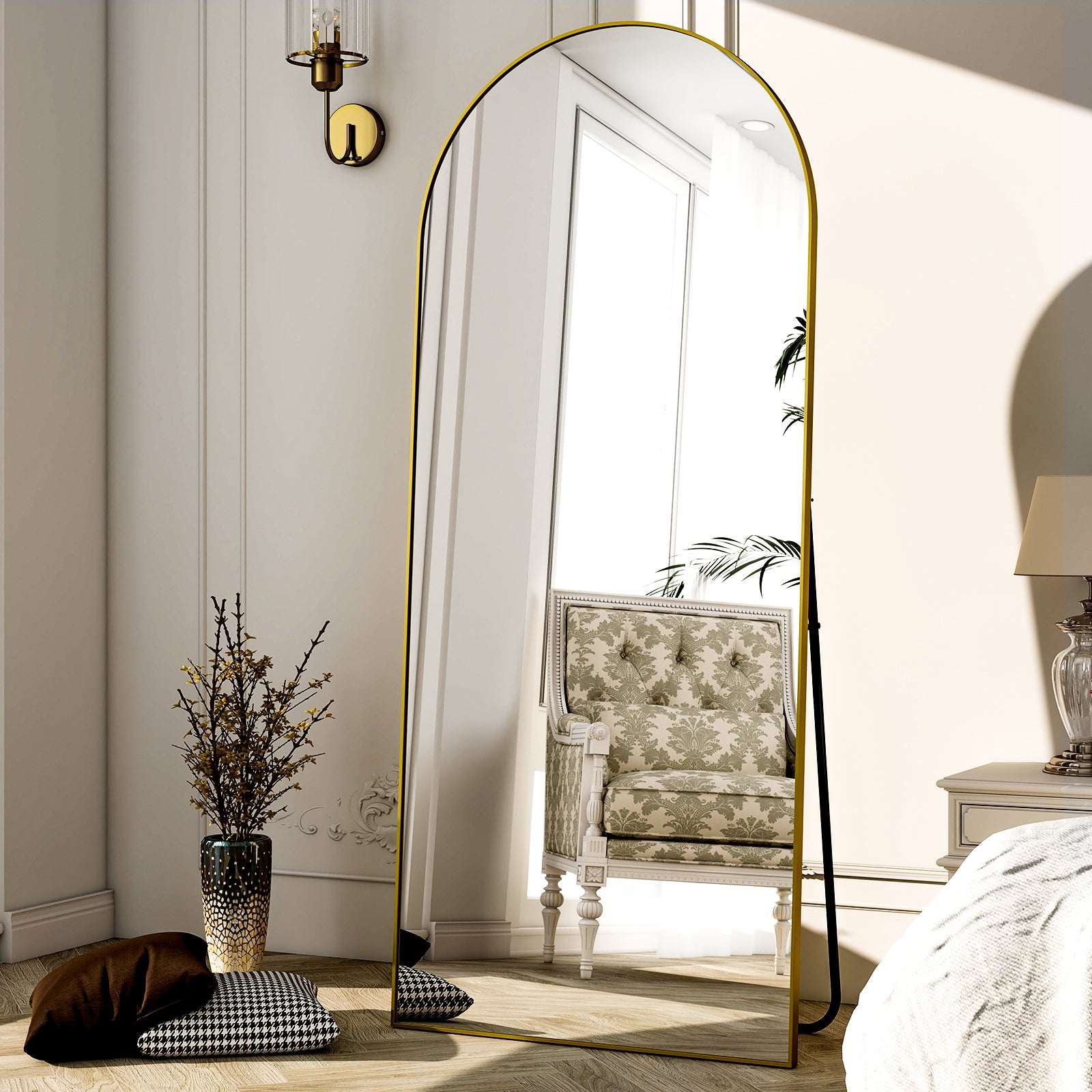 SEETHRUGLIMMER 64"x21.2" Arched Full Length Mirror Wall-Mounted Floor Mirror with Stand, Black