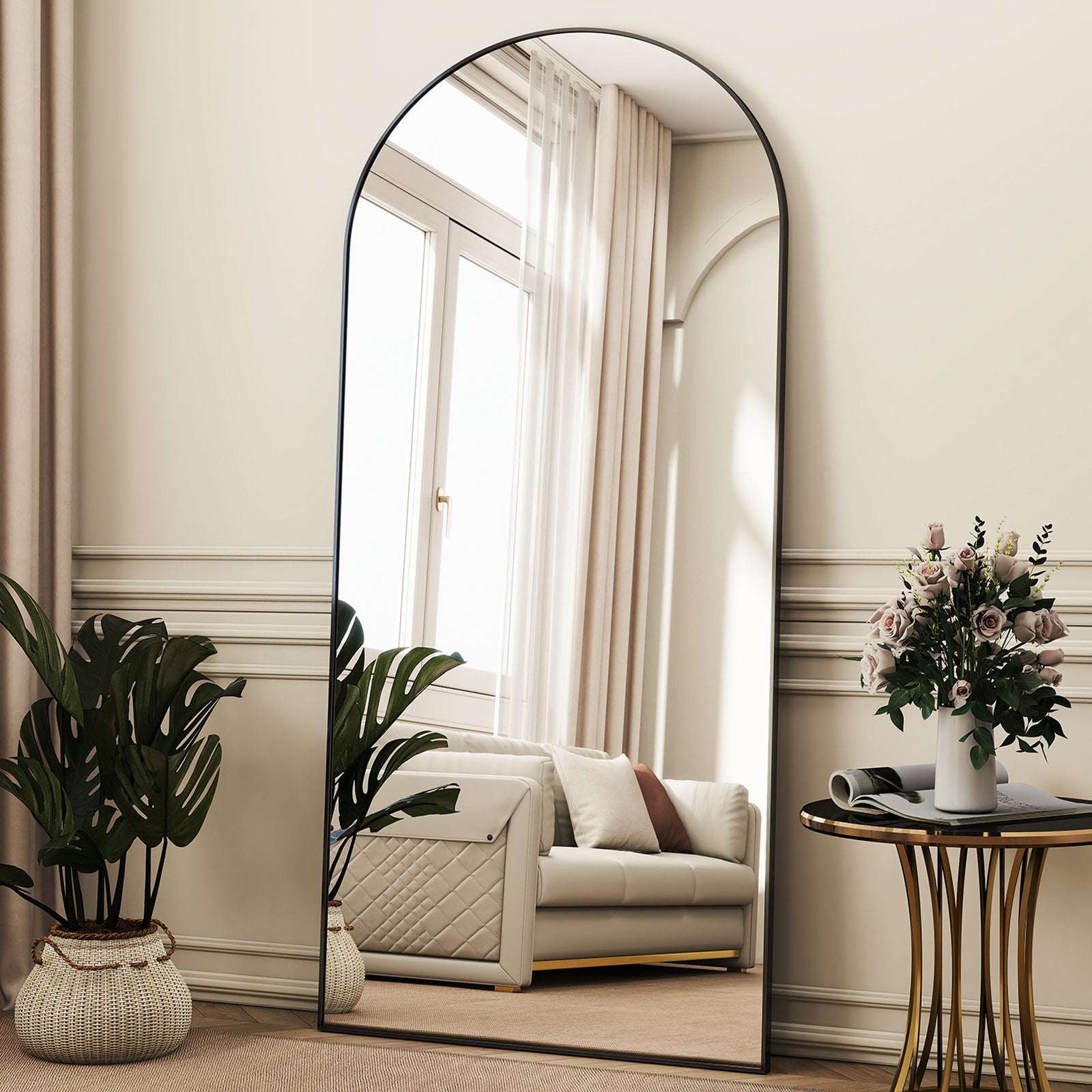 SEETHRUGLIMMER 64"x21.2" Arched Full Length Mirror Wall-Mounted Floor Mirror with Stand, Black