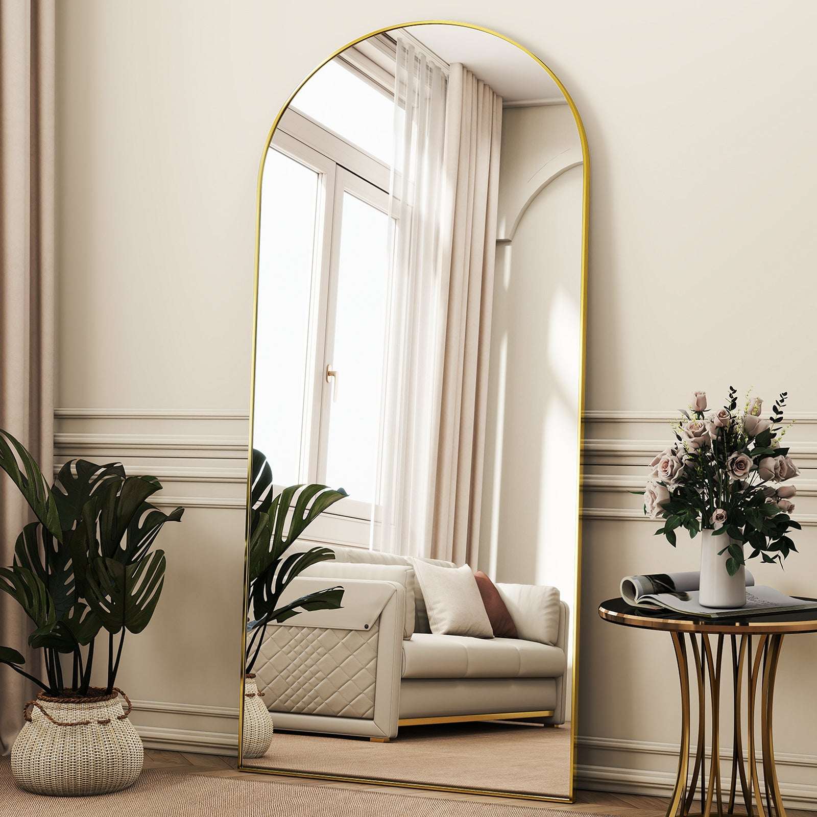 SEETHRUGLIMMER 64"x21.2" Arched Full Length Mirror Wall-Mounted Floor Mirror with Stand, Black