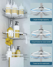 Shower corner caddy with four wire tiers and dual side hooks for loofah