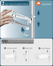 Adjustable shower corner caddy with wire basket clips and tension pole