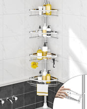 Stainless steel shower corner caddy with four round wire shelves and washcloth bar