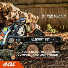 Gas chainsaw on infographic, 18" bar and chain with orange safety and control parts