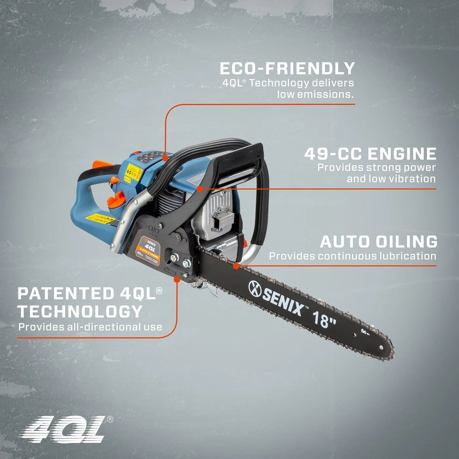 SENIX 20" 4QL® 49cc 4-Cycle 18" Gas Chainsaw