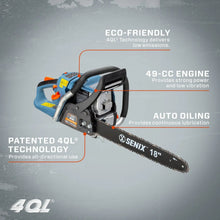 Gas chainsaw angled on graphic, 18" bar and chain with orange handle accents
