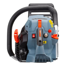 Gas chainsaw rear housing with handle grip, orange switches, and black pull starter