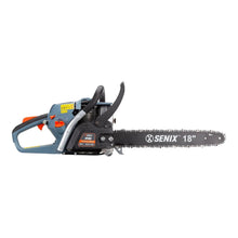 Gas chainsaw side view with 18" bar and chain, blue body and rear handle