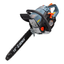 Gas chainsaw with 18" bar and chain, black guide bar, orange safety lever