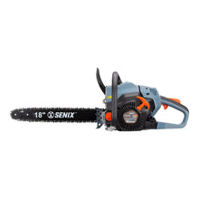 SENIX 18-inch gas chainsaw with 18" bar and chain, blue housing and orange trigger
