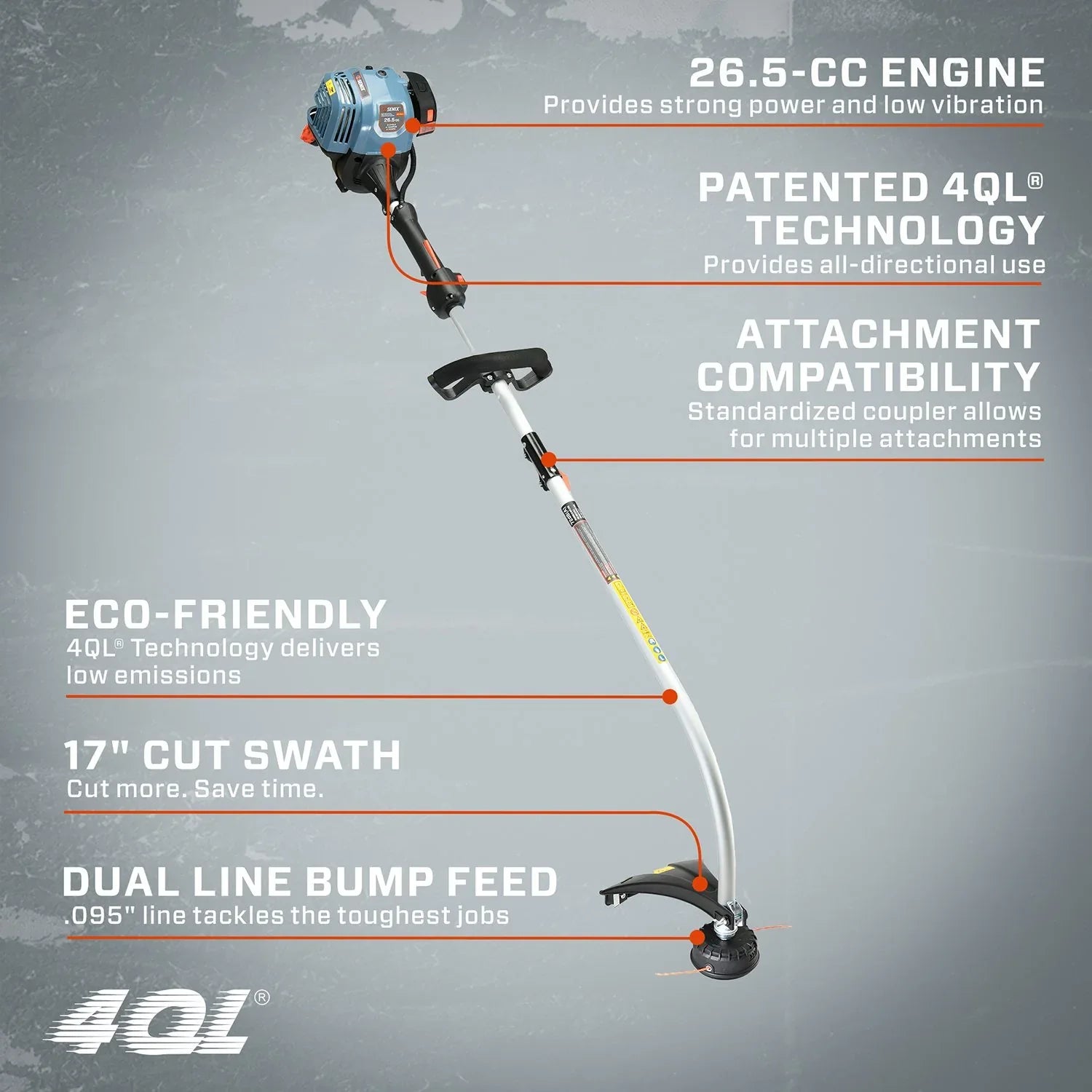 SENIX 4QL® 26.5cc 4-Cycle 17" Gas String Trimmer, Weed Eater, Attachment Capable