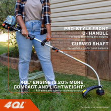 Gas string trimmer held upright with curved shaft and cutting head