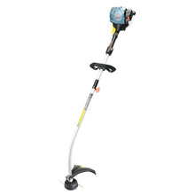 Gas string trimmer with loop handle, curved shaft, and cutting guard
