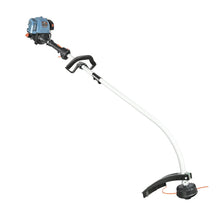 Gas string trimmer with curved shaft and spool head with protective guard
