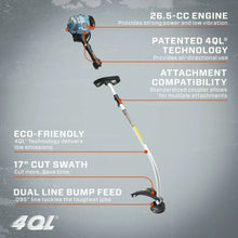 Gas string trimmer diagram showing curved shaft, engine unit, and cutting head