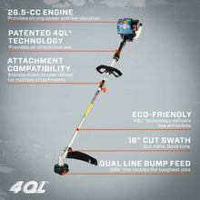 Gas string trimmer with 18 in cutting swath, dual line bump feed and curved shaft.