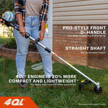 Gas string trimmer shown near a wall for front-edge trimming and straight shaft reach
