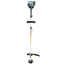 Gas string trimmer upright with straight shaft and black bump-feed trimmer head